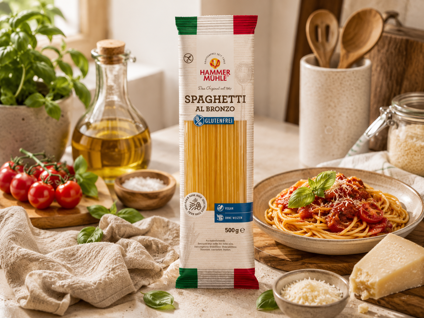 Bezlepkové těstoviny ŠPAGETY Al Bronzo rýže kukuřice 500 g - Hammermühle, eshop.celiakarna.cz